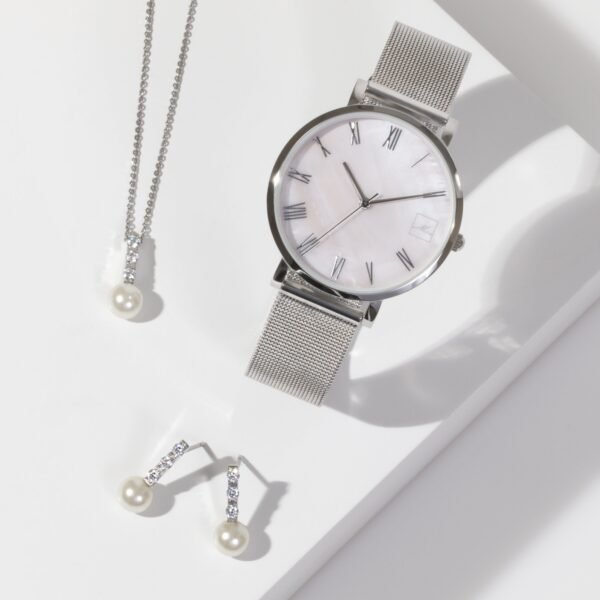 stainless_steel_watch_earrings_pendant_pearl_mop_stones_mesh_mia.jpg Stainless steel MOP watch